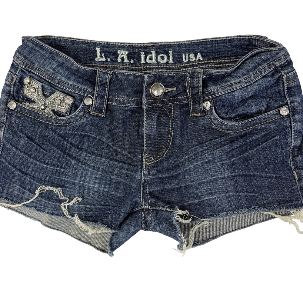 L.A. Idol Denim Shorts Womens Size 3 Rhinestone Cross Y2K Low Rise